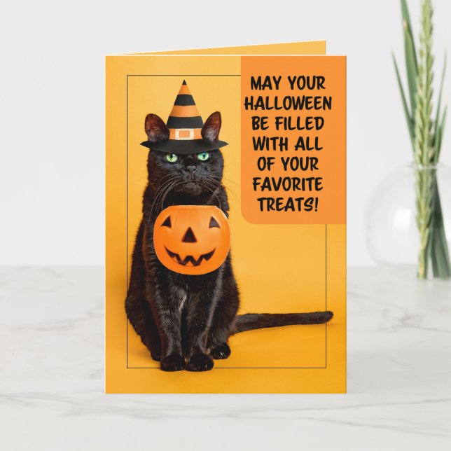 Happy Halloween Funny Black Cat in Witch Hat Holiday Card (Front)
