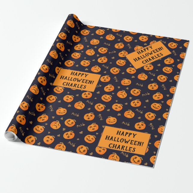 Happy Halloween Funny Scary Orange Pumpkin Pattern Wrapping Paper (Unrolled)
