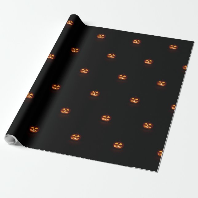 Happy Halloween Funny Scary Orange Pumpkin Pattern Wrapping Paper (Unrolled)