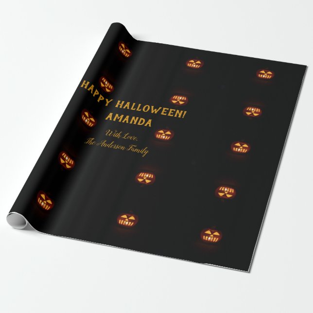 Happy Halloween Funny Scary Orange Pumpkin Pattern Wrapping Paper (Unrolled)