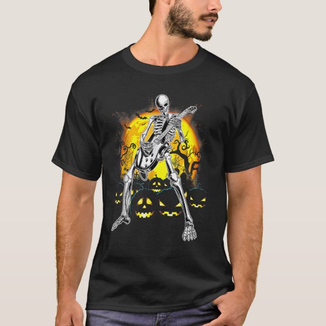 Happy Halloween Funny Skeleton Playing Guitar Pump T-Shirt (Front)