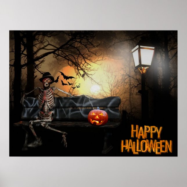 Happy Halloween Funny Spooky Skeleton on the Bench Poster (Front)