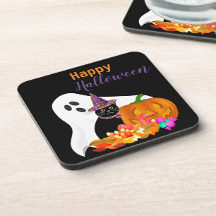 Happy Halloween Ghost and Black Cat Plastic  Coaster