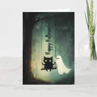 Happy Halloween Ghost and Cat on Swing Thank You Card