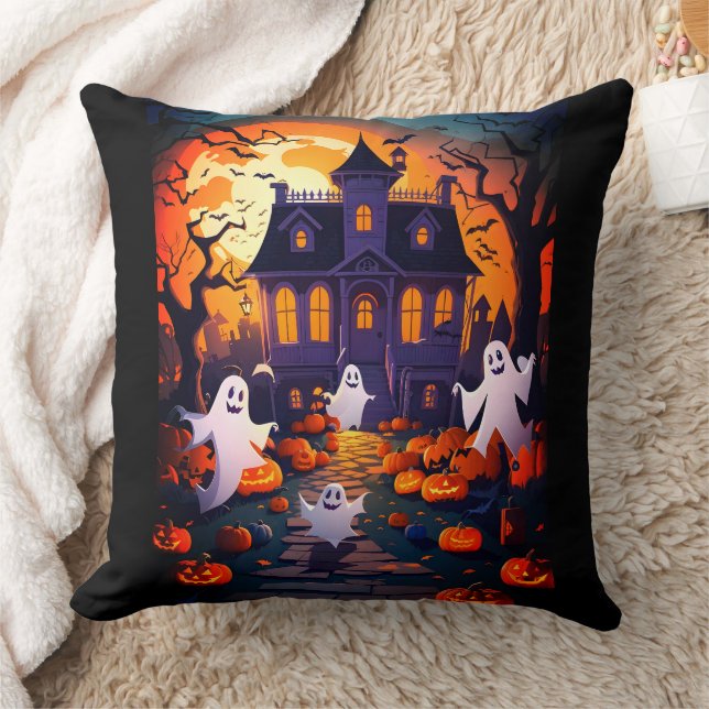 Happy Halloween Ghost And Haunted House Cushion (Blanket)