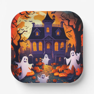 Happy Halloween Ghost And Haunted House Paper Plate