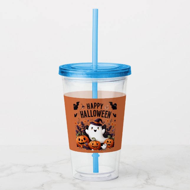 Happy Halloween Ghost and Pumpkins Fun Art Tee Acrylic Tumbler (Front)