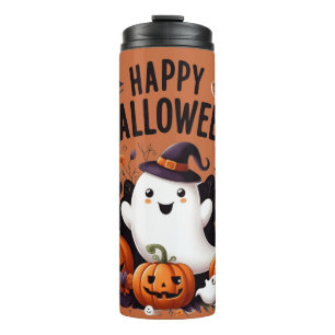 Happy Halloween Ghost and Pumpkins Fun Art Tee Thermal Tumbler