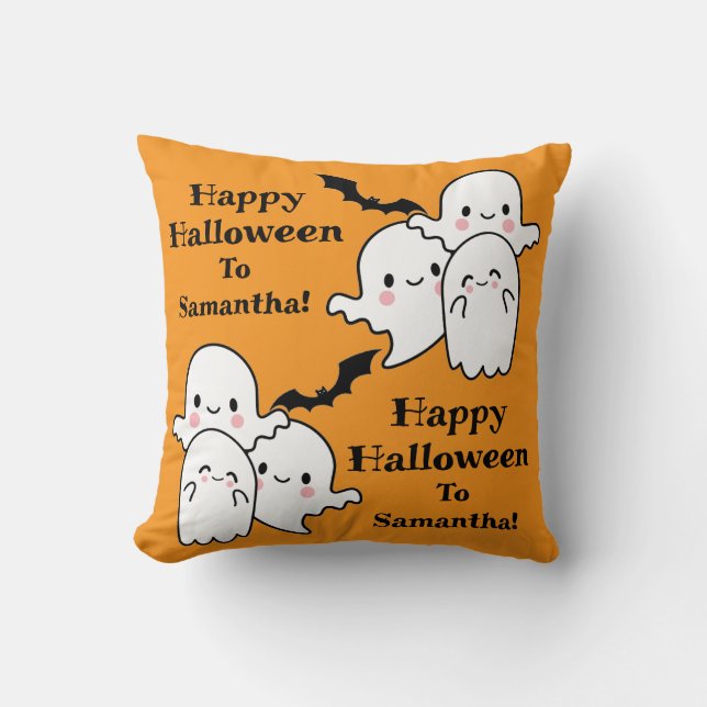 Happy Halloween Ghost Bat Orange Cushion (Front)