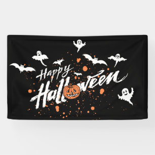 Happy Halloween Ghost, Bats and Pumpkins Banner