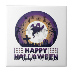 Happy Halloween Ghost Bats Spiders_1 Ceramic Tile
