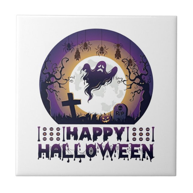 Happy Halloween Ghost Bats Spiders_1 Ceramic Tile (Front)