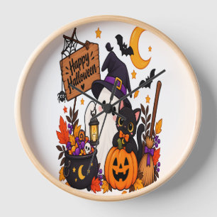 Happy Halloween Ghost & Black Cat Pumpkin Clock