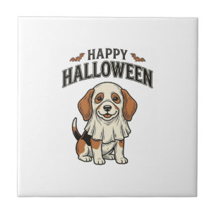 Happy Halloween Ghost Dog Vintage Engraving Shirt_ Ceramic Tile