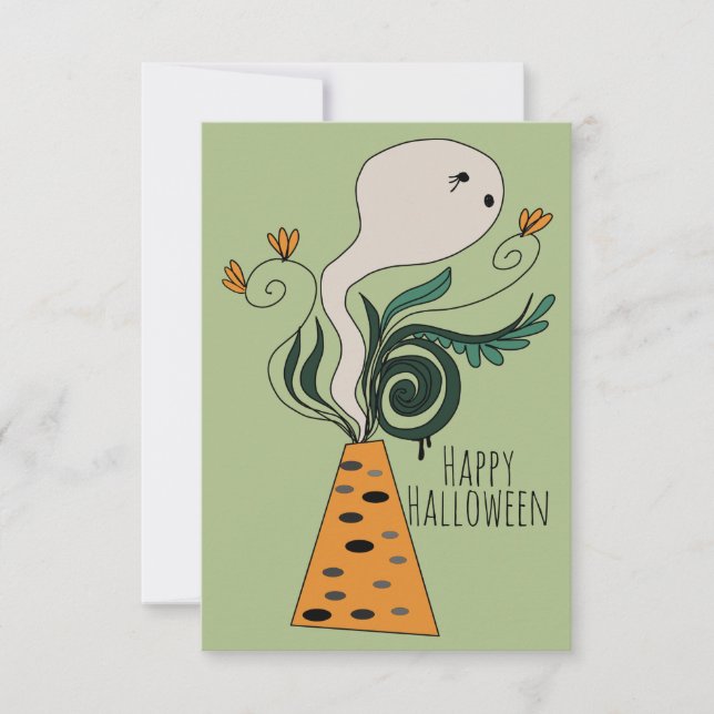 Happy Halloween Ghost Greenery Floral Doodle Card (Front)