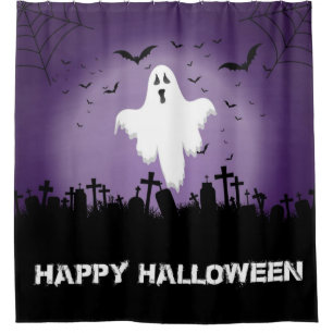 Happy Halloween Ghost In A Graveyard Shower Curtain