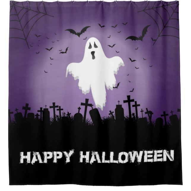 Happy Halloween Ghost In A Graveyard Shower Curtain (Front)