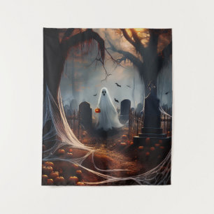 Happy Halloween Ghost In a Graveyard Tapestry
