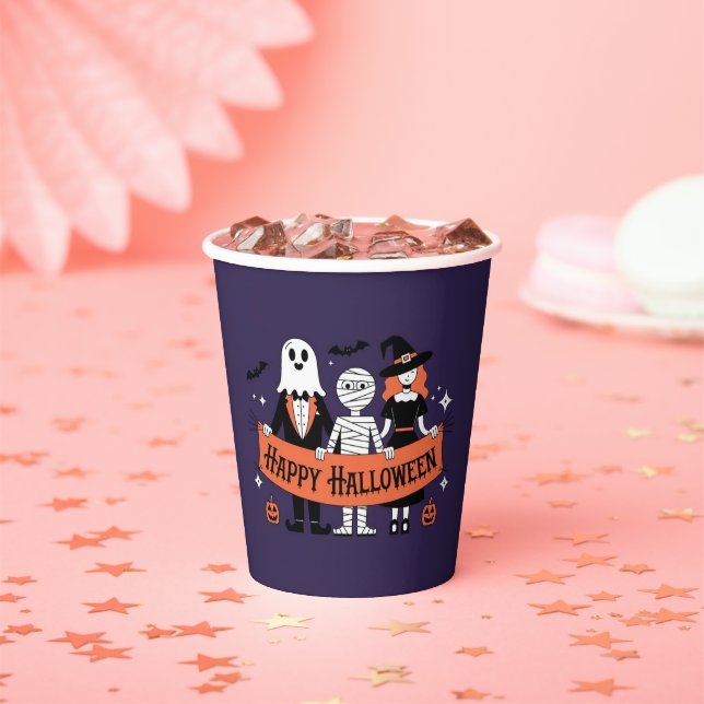 Happy Halloween | Ghost, Mummy, and Witch Purple Paper Cups (Insitu)