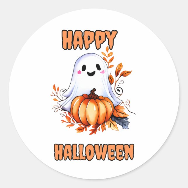 Happy Halloween Ghost - Orange Classic Round Sticker (Front)