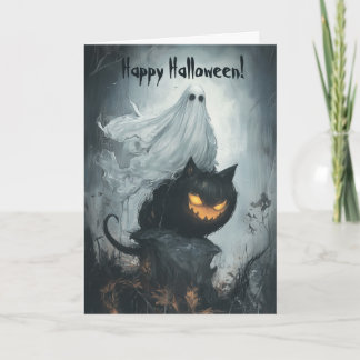 Happy Halloween Ghost Riding a Spooky Cat Thank You Card