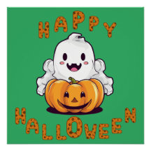 Happy Halloween Ghost sitting on a pumpkin