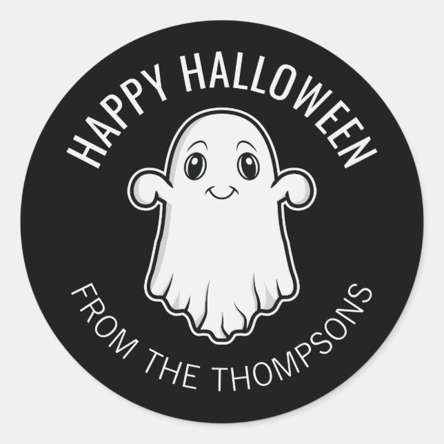 Happy Halloween Ghost Smiling Custom Text Black Classic Round Sticker (Front)