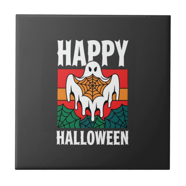 Happy Halloween Ghost Spiderweb Retro Ceramic Tile (Front)