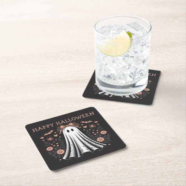 Happy Halloween Ghost Square Paper Coaster (Insitu)