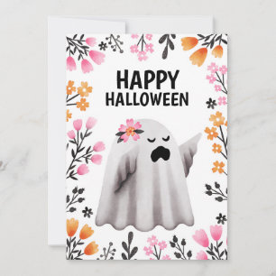 Happy Halloween Ghost with Pastel Florals Holiday Card