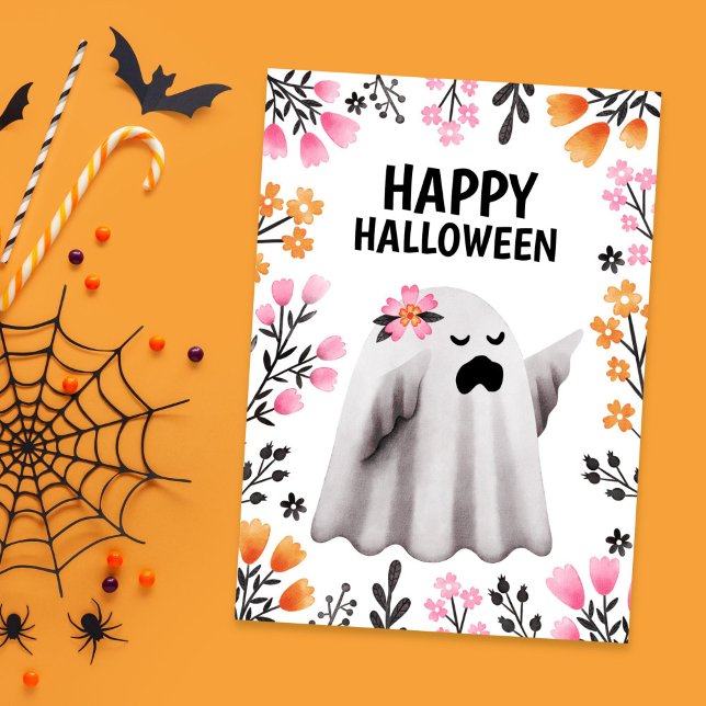 Happy Halloween Ghost with Pastel Florals Holiday Card (Cute Ghost Halloween Card with Pastel Florals)
