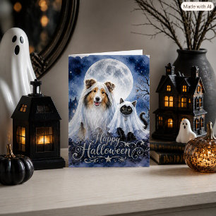 Happy Halloween Ghosts Collie & Cat Folded Card