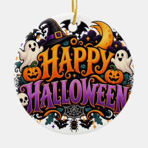 Happy Halloween Ghosts Skulls and Pumpkins Ornamen Ceramic Ornament