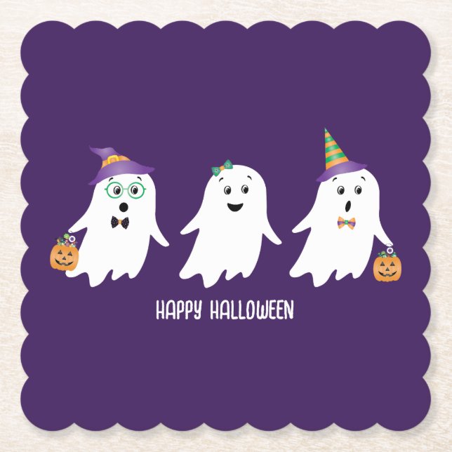 Happy Halloween Ghosts Trick Or Treat Paper Coaster (Front)