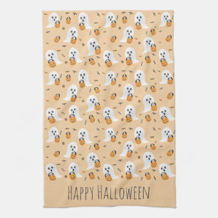 Happy Halloween Ghosts Trick Or Treating Pattern Tea Towel