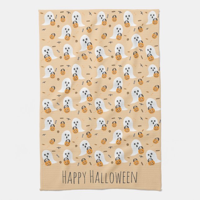 Happy Halloween Ghosts Trick Or Treating Pattern Tea Towel (Vertical)