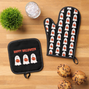 Happy Halloween Ghosts with Jack-o-Lanterns Oven Mitt & Pot Holder Set