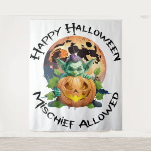Happy Halloween Goblin Hiding Behind Pumpkin Tapestry