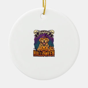 Happy Halloween Golden Retriever Witch Hat Pumpkin Ceramic Ornament