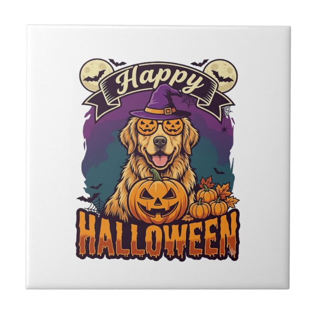 Happy Halloween Golden Retriever Witch Hat Pumpkin Ceramic Tile (Front)