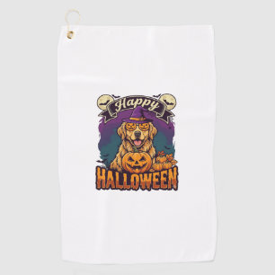 Happy Halloween Golden Retriever Witch Hat Pumpkin Golf Towel
