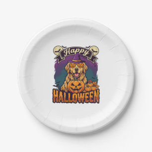 Happy Halloween Golden Retriever Witch Hat Pumpkin Paper Plate