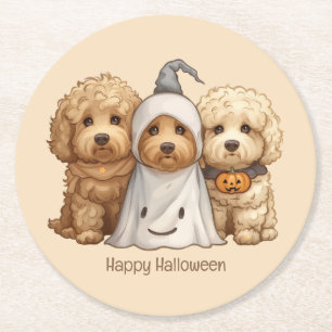 Happy Halloween Goldendoodle Dogs Round Paper Coaster