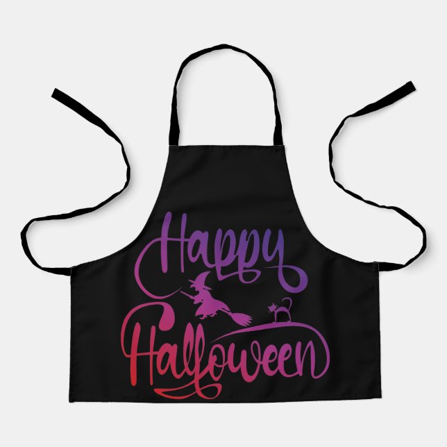 Happy Halloween gradient flying witch cat  Apron (Front)
