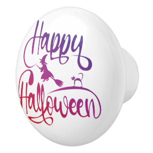 Happy Halloween gradient flying witch cat Ceramic Knob
