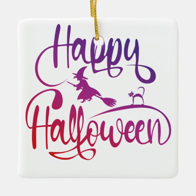 Happy Halloween gradient flying witch cat  Ceramic Ornament (Front)