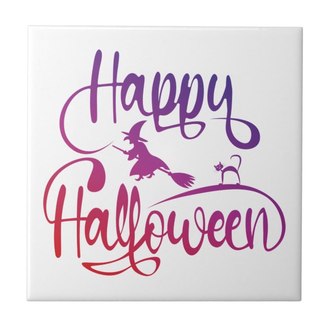 Happy Halloween gradient flying witch cat  Ceramic Tile (Front)