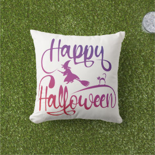 Happy Halloween gradient flying witch cat Cushion