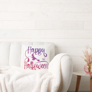Happy Halloween gradient flying witch cat Cushion