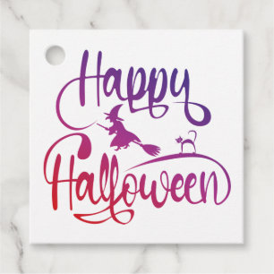 Happy Halloween gradient flying witch cat  Favour Tags